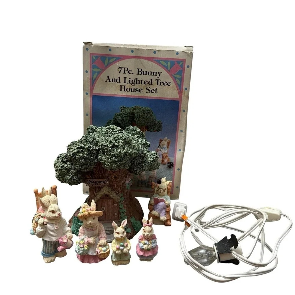 Vintage Easter Village Set 7Pc Bunny &‎ Lighted Tree House Light Works